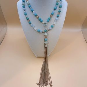 Long faux turquoise beaded necklace chain tassel